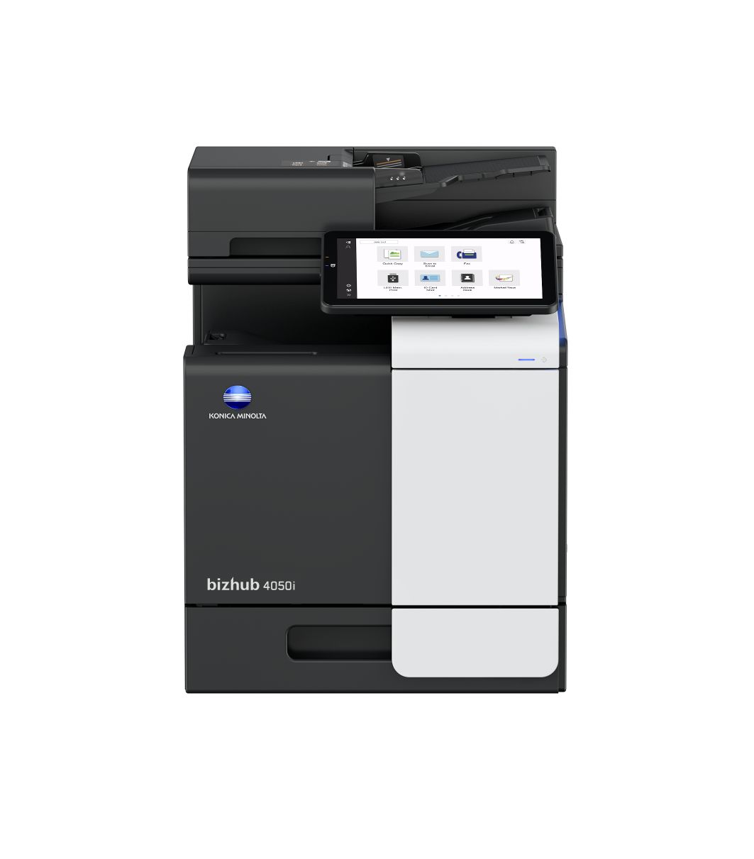 juodai baltas bizhub 4050i basic spausdintuvas baltame fone.
