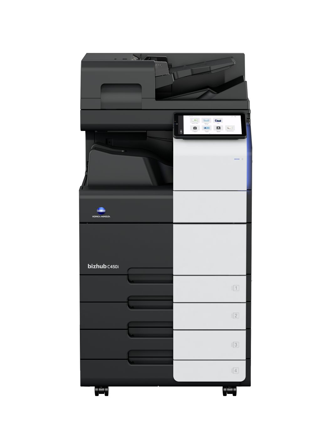 juodai baltas spausdintuvas bizhub C450i basic baltame fone.